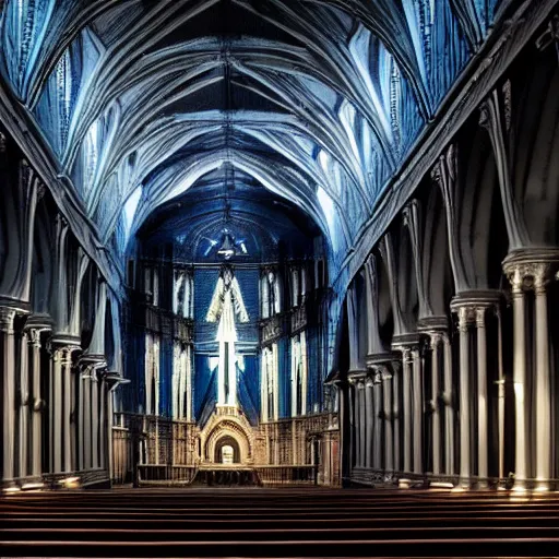 Image similar to wide shot photo taken of an epic intricate, ultra detailed, super realistic empty church after dusk filmset created by weta workshop directed by tim burton, menacing, wide angle shots, moody night time scene, photorealistic, sharp focus, gloomy, extremely cold blueish colour temperature, 3 5 mm, f 1. 4