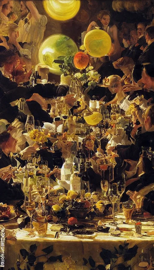 Image similar to still life painting of zero-gravity midsummer party, by Peder Krøyer, weightless, floating, golden hour, dramatic lighting, epic, gargantuan, intricate detail, canvas print