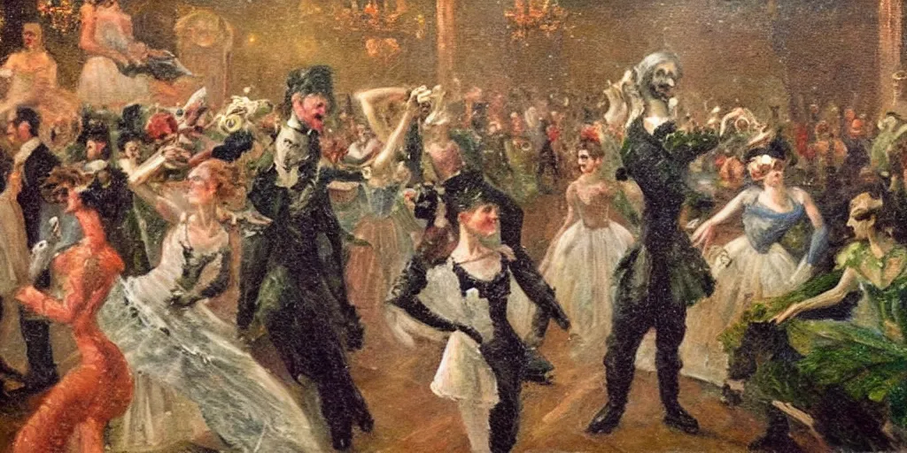 Image similar to an audience full of tall terrifying aliens at the ballet. In the victorian era. in the style of an impressionist painting.