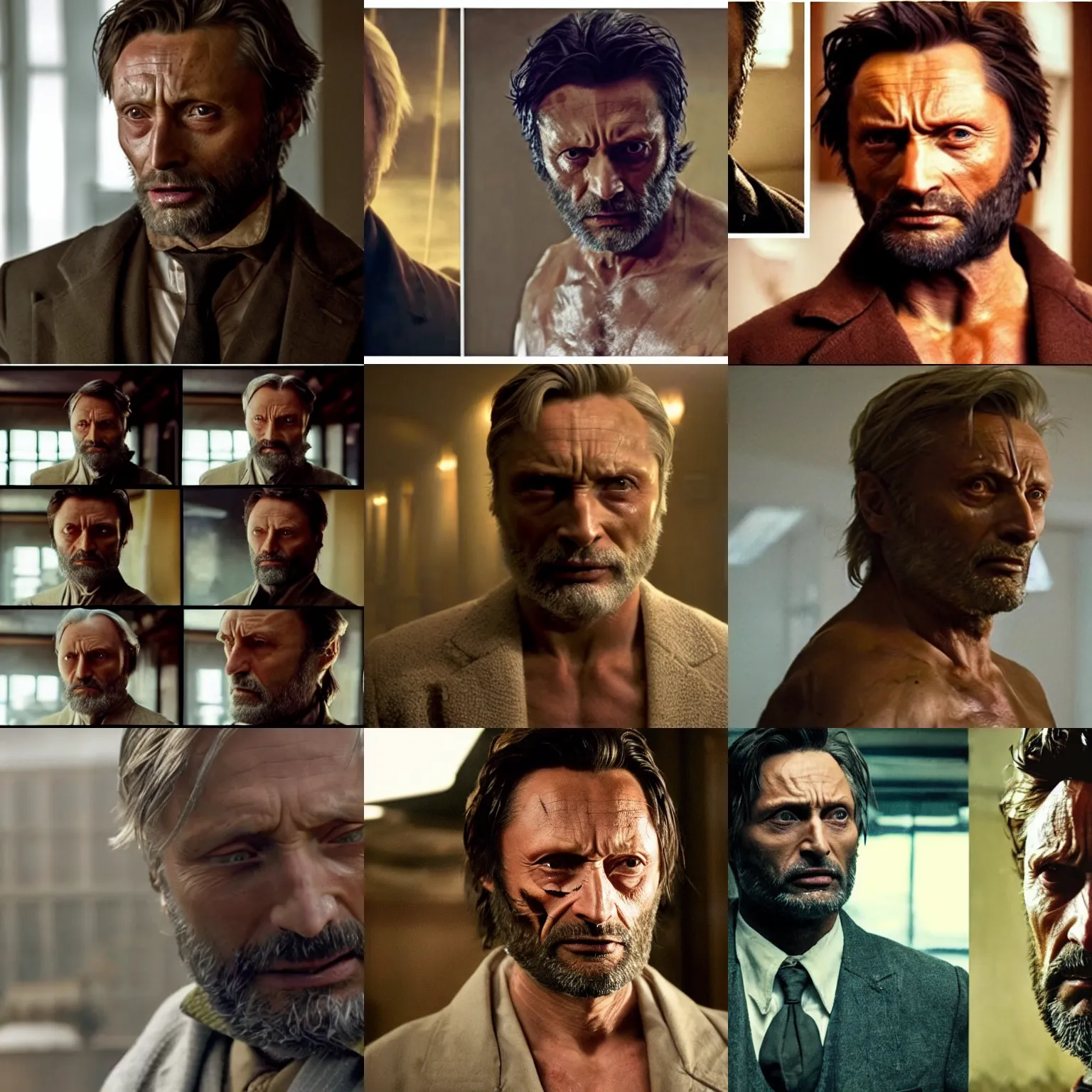 Prompt: old man mads mikkelson as the wolverine, X-men movie scene, cinematic lighting, Wes Anderson scene