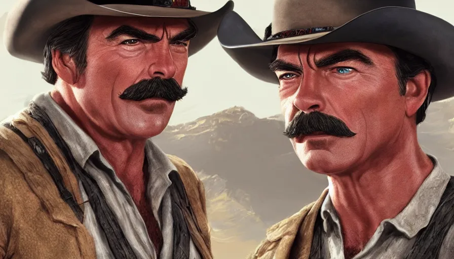 Image similar to tom selleck in a western movie, hyperdetailed, artstation, cgsociety, 8 k