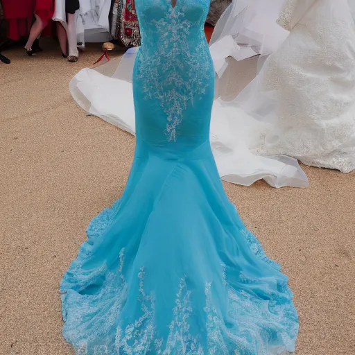 Image similar to full view, a beautiful full detailed ocean inspired wedding dress, put on a mannequin