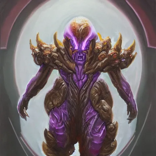 Image similar to full body portrait of a zerg overmind from star craft as the dictator of the los angeles lakers in full military garb, oil on canvas by william sidney mount, trending on artstation