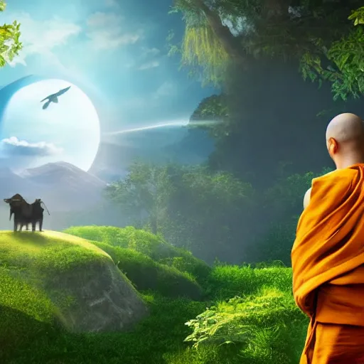 Prompt: a happy monk in perfect harmony with nature is watching the future in the sky. volumetric lighting, sharp focus, ultra detailed, cgsociety - w 1 0 2 4 - n 8 - i