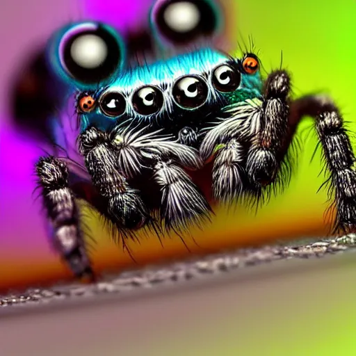 Image similar to a jumping spider pressing tiny keyboard keys tiny, by pixar, macro lens, iridescent, character concept art