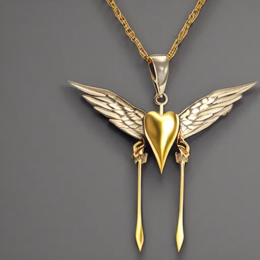 Prompt: 3 d silver and gold 2 tone necklace, on box chain, pendant is androgynous anatomical angel with 6 wings covered in eyes in a flying pose with 5 fingered hands on each side in a pose, casted in both silver and gold, high quality render, jewelry photography, octane render, studio lighting, ray traced