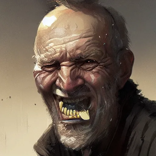 Prompt: old man portrait, grenade in his teeth, greg rutkowski art