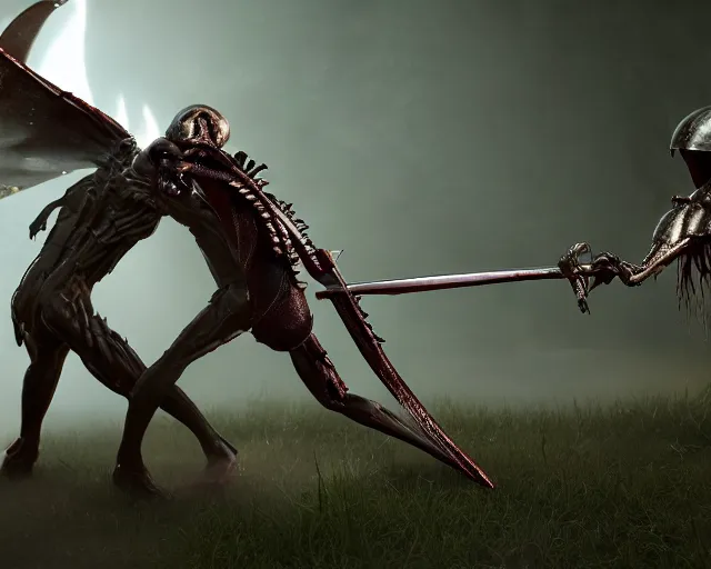 Image similar to sword fight between alien and predator, pixar animation, dreamworks, octane render, dramatic