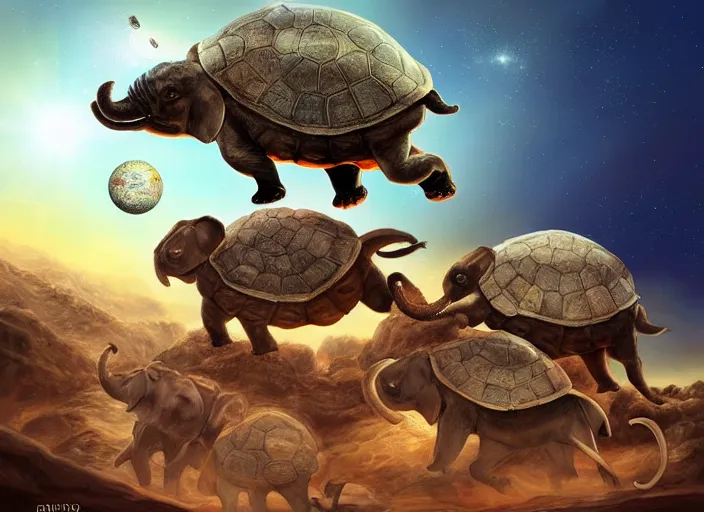 Prompt: discworld, flat earth on top of 4 elephants on top of a giant cosmic turtle flying through space, digital art, artstation, detailed