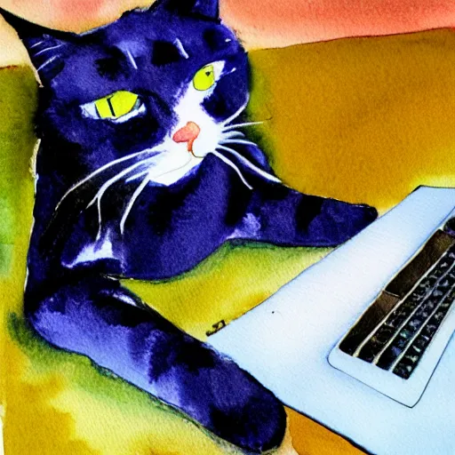 Prompt: ragdoll cat is lying on a computer table, girl is playing with computer, watercolor painting