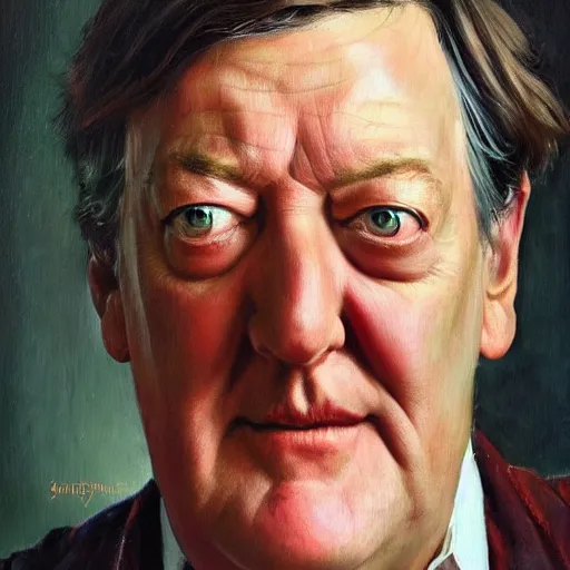 Image similar to close up face of a extremely beautiful Stephen Fry portrait, masterpiece painting, oil on canvas, artgerm, norman rockwell, craig mulins, trending on pxiv