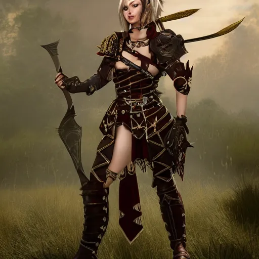 A young female rogue in intricate leather armor +