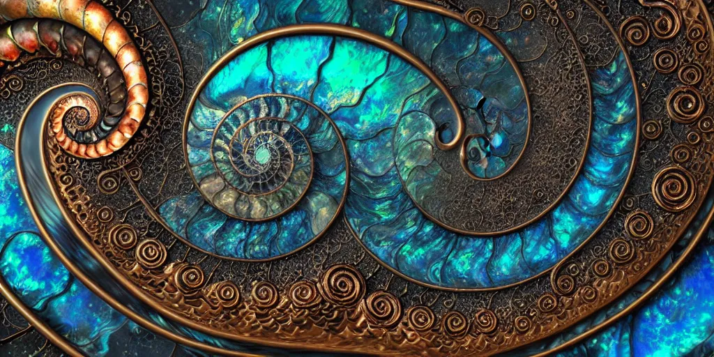 Image similar to cinematic landscape, art nouveau cresting oil slick waves, ammonite, bubbles in a shiny iridescent oil slick wave, black opals, ornate copper patina art nouveau spiral ornament, rococo, organic rippling spirals, hyperdetailed photorealistic ultrasharp octane render