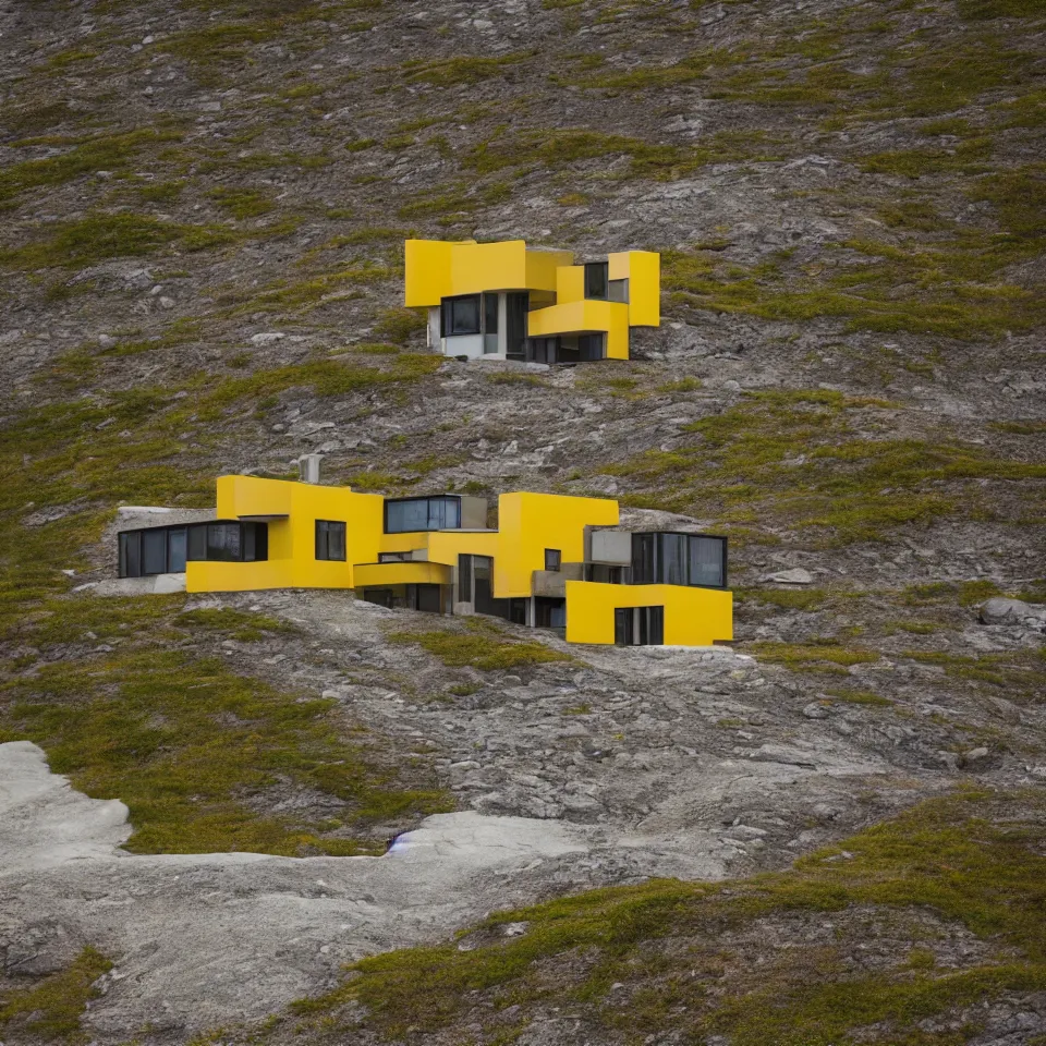 Image similar to a big mid-century modern house on top of a cliff in the arctic, designed by Frank Gehry, with a long gravel pathway towards it. Big tiles. Film grain, cinematic, yellow hue