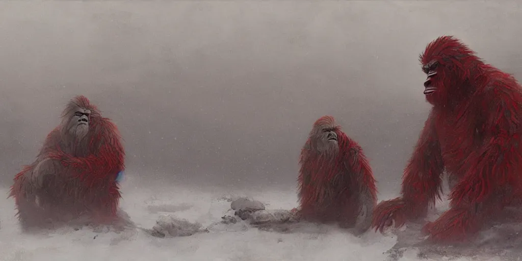 Image similar to the end is near. a tired yeti and bigfoot is sitting on his throne. face is highly detailed. splices of red are running down his toga. mist. color scheme red. low angle medium shot. rim light. imagined by jeremy lipking