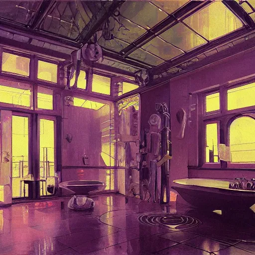 Image similar to painting of syd mead artlilery scifi bathroom with ornate metal work lands on a farm, volumetric lights, purple sun, andreas achenbach