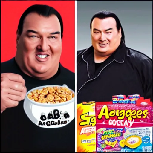 Prompt: obese steven seagal as sponsor of a sugary cereal called aikidos! with mischievous cartoon rat mascot