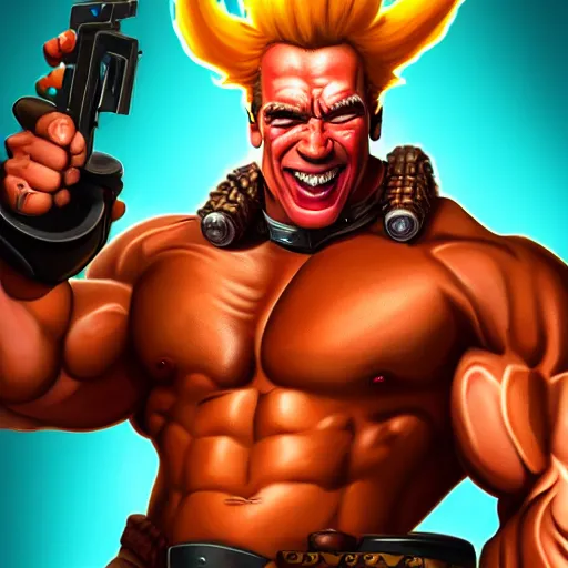 Image similar to a screenshot of arnold schwarzenegger as junkrat in overwatch holding tnt, portrait, fantasy, beautiful face, vivid colors, elegant, concept art, sharp focus, digital art, hyper - realistic, 4 k, unreal engine, highly detailed, hd, dramatic lighting by brom, trending on artstation