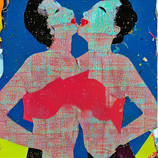 Image similar to two women kissing at a carnival, mixed media collage, retro, paper collage, magazine collage, acrylic paint splatters, double exposure,