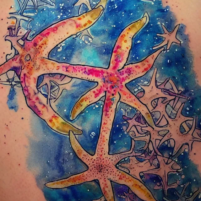 Prompt: starfish, tattoo design, watercolor, maximalist, high detail