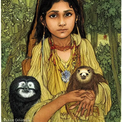 Prompt: a cottagecore beautiful young indian witch holding a cute sloth, highly detailed, masterpiece, illustrated, art by rebecca guay