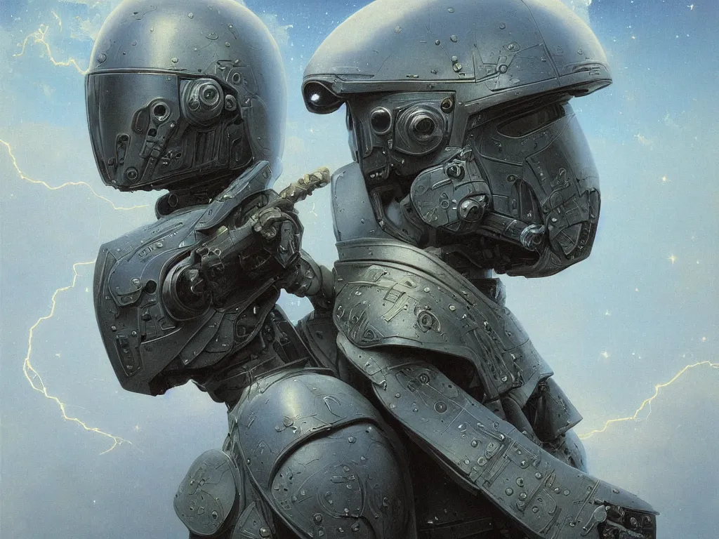 Prompt: a detailed close up portrait painting of a bounty hunter in combat armour and visor. cinematic sci-fi poster. Flight suit, accurate anatomy. portrait symmetrical and science fiction theme with lightning, aurora. lighting. clouds and stars. Futurism by beksinski carl spitzweg moebius and tuomas korpi. baroque elements. baroque element. intricate artwork by caravaggio. Oil painting. Trending on artstation. 8k