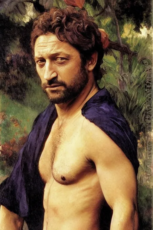 Prompt: actor gerard butler, by bouguereau and gauguin