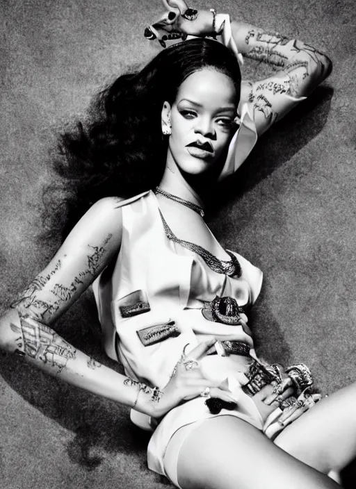 Image similar to rihanna styled by nick knight posing, high fashion themed, archive pieces, beautiful face, vogue magazine, highly realistic. high resolution. highly detailed. dramatic. 8 k. 4 k.