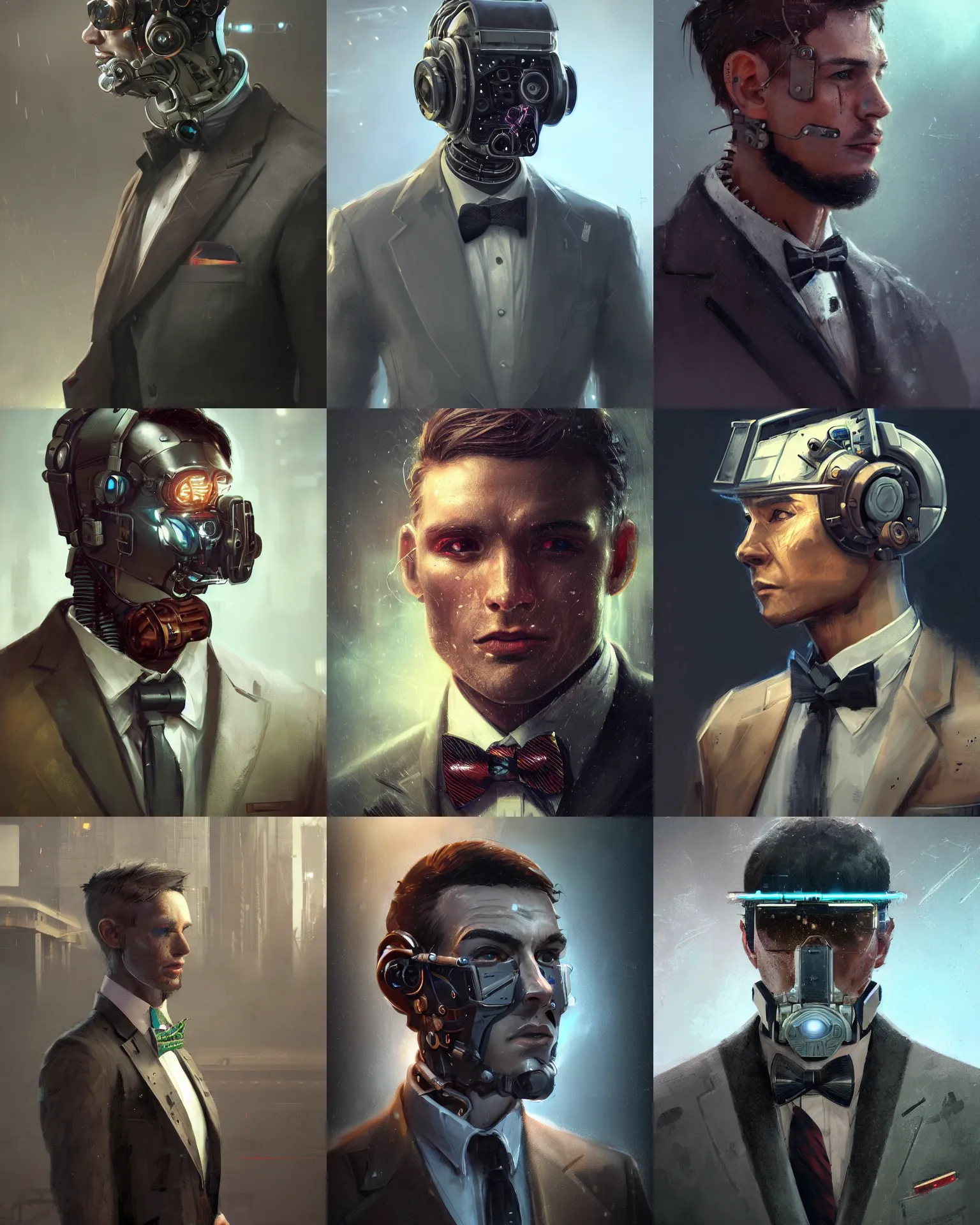 Prompt: a rugged young engineer man with cybernetic enhancements wearing a suit and bowtie, detailed face with visor, scifi character portrait by greg rutkowski, esuthio, craig mullins, 1 / 4 headshot, cinematic lighting, dystopian scifi gear, gloomy, profile picture, mechanical, half robot, implants, steampunk