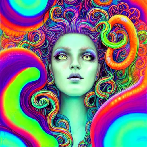 Image similar to A sea goddess with neon tentacles hair having an extremely colorful psychedelic experience, warping time and space, magic mushrooms, psilocybin, LSD, face, detailed, intricate, elegant, highly detailed, digital painting, artstation, concept art, smooth, sharp focus, illustration, art by Krenz Cushart and Artem Demura and alphonse mucha, Octane render, unreal engine, 8K