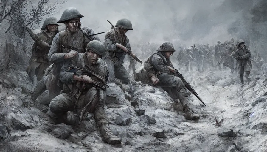 Image similar to beautiful film still of a war movie where a lone survivor, one soldier after his squad killed in action in a trench waiting for the war to end. cinematic lighting and rendering, atmospheric, concept art, high detailed faces, artstation, painted by eddie mendoza, post process by artgerm and greg rutkowski and albert bierstadt