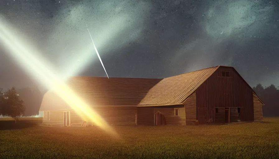 Prompt: a ufo emitting a beam of light floats over a barn with a broken roof, debris is ascending toward the ufo, volumetric lighting, night, photorealistic rendering, color palette, 8 k, hyperdetailed