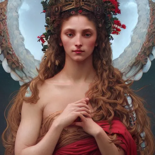 Prompt: portrait of a germanic cloud goddess, with red skin, intricate, elegant, highly detailed, digital painting, artstation, concept art, smooth, sharp focus, illustration, art by artgerm and greg rutkowski and alphonse mucha and william - adolphe bouguereau