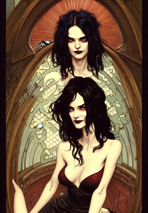 Image similar to perky character death from comic book the sandman in a small 5 0 ’ s style diner, fantasy magic, dark light night, intricate, elegant, sharp focus, illustration, highly detailed, digital painting, concept art, matte, art by wlop and artgerm and greg rutkowski and alphonse mucha, masterpiece