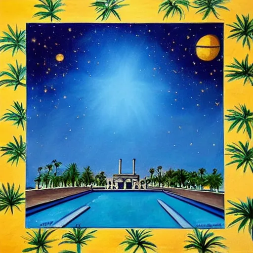 Prompt: a beautiful painting of a tiled pool surrounded by tall palm trees and egyptian architecture underneath a star and nebula filled night sky