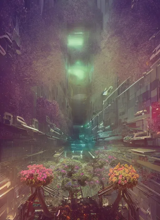 Image similar to A dystopian future in a city covered in flowers from an alien planet in another solar system, evil, demonic, echanting, angelic, flowers, nature, city, symmetry, environment concept, cinematic, Rendered in Octane, trending on artstation, cgsociety, moody lighting rendered by octane engine, environment 8K artstation, cinematic lighting, intricate details, 8k detail post processing, hyperealistic, octane render, photo realism, visually inspired by Blade Runner 2049