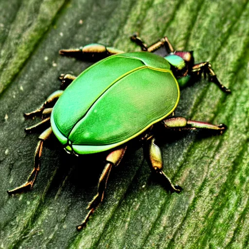 Image similar to hybrid of green beetle and turtle, photorealistic, close - up