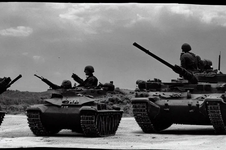 Prompt: soldiers relaxing on a tank, cinematography by Roger Deakins