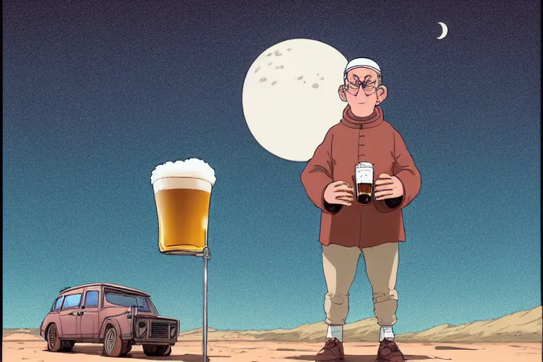 Image similar to a study of a cell shaded cartoon pope holding and drinking a beer on a desert road in front of a big moon, full body, wide shot, very muted colors, post grunge, studio ghibli, laurie greasley, highly detailed, deviantart, art by artgem