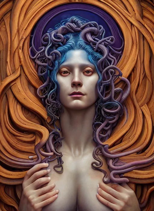 Prompt: medusa, wooden art nouveau swirls, strong subsurface scattering, in the style of james jean and tomasz alen kopera, mystical colors, rim light, soft lighting, 8 k, stunning scene, raytracing, octane render, trending on artstation