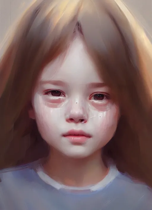 Prompt: realistic tender portrait of a young cute girl who is crying but has a slight smile, symmetrical eyes, portrait illustration, trending on artstation, characterdesign, sharp focus, illustration, art by ruan jia, ghibli, elena shumilova, leah robinson