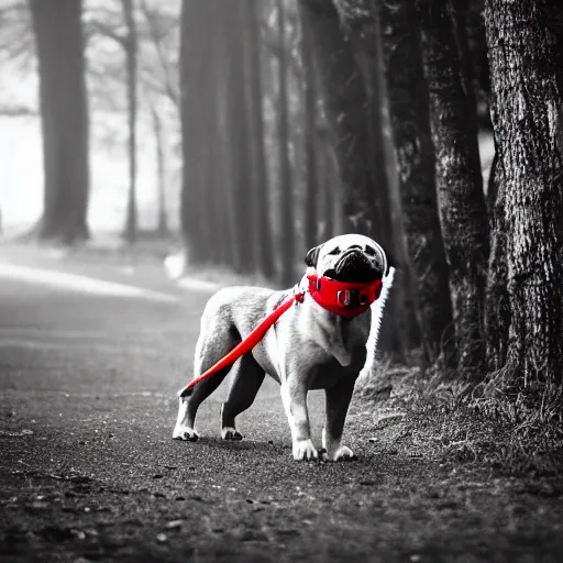 Image similar to A dog with a red collar walking from a dark place to a light place, the dog is monochrome, and has spots. 8k, hyper realistic, HD