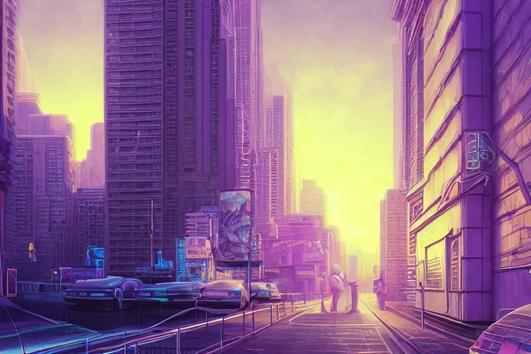 Image similar to vaporwave ombre detailed cityscape. leading lines. outrun style. highly detailed, digital painting, artstation, concept art, smooth, sharp focus, illustration, ed hopper, chris moore. artgerm, tomasz alen kopera, peter mohrbacher, donato giancola, joseph christian leyendecker, wlop, boris vallejo