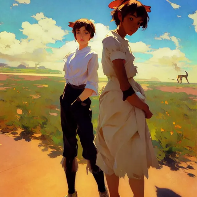 Image similar to a female character inspired by an african wild dog, short hair, basic background, krenz cushart, mucha, ghibli, by joaquin sorolla rhads leyendecker, by ohara koson