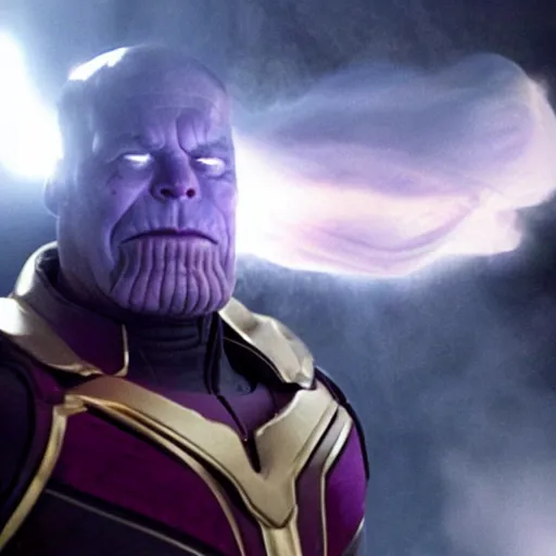 Image similar to elon musk as thanos exhaling a large smoke cloud from his bong, movie still, cinematic lighting