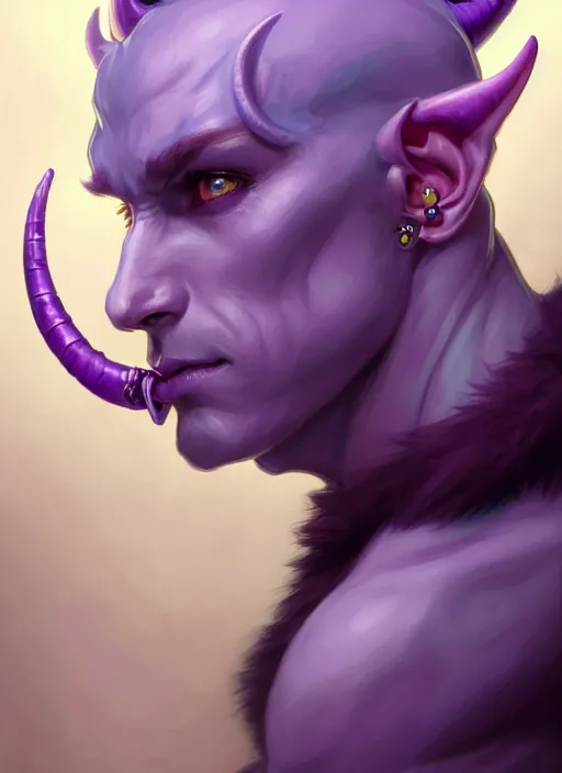 Image similar to symmetry!! portrait of a feminine mischievous trickster male purple and teal skinned tiefling with demon horns and piercings bard, intricate, elegant, highly detailed, digital painting, artstation, concept art, smooth, sharp focus, illustration, art by artgerm and greg rutkowski and alphonse mucha
