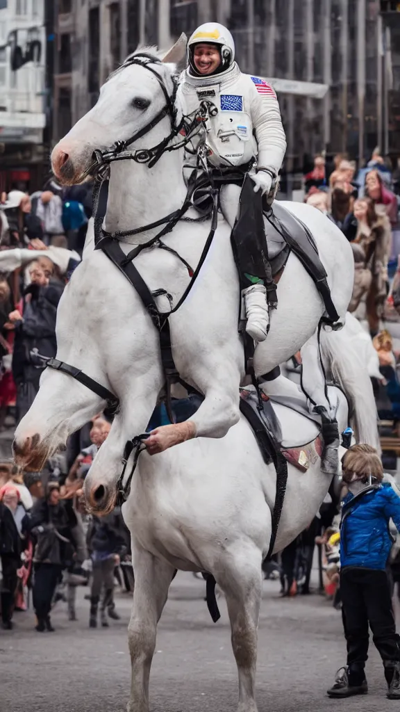 Prompt: a horse riding an astronaut, street photo, happy, positive,