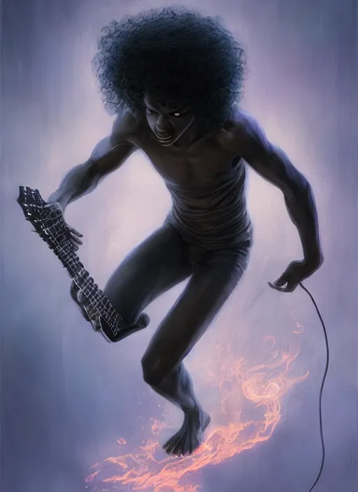 Prompt: fantasy changeling black kid with long curly hair playing electric guitar, two half's between, dim light, front game card, marvel comics, dark, intricate, highly detailed, smooth, artstation, digital illustration by ruan jia and mandy jurgens and artgerm and wayne barlowe and greg rutkowski and zdislav beksinski