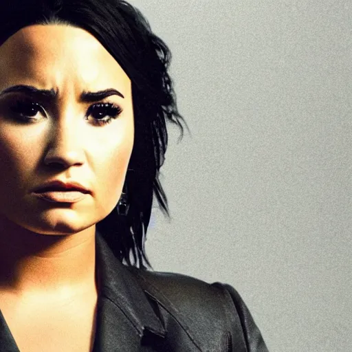 Image similar to close-up of Demi Lovato as a detective in a movie directed by Christopher Nolan, movie still frame, promotional image, imax 70 mm footage