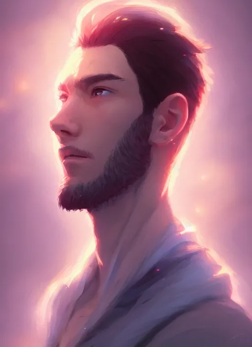 Image similar to a portrait of the most beautiful man in the world, intricate, tone mapped, ambient lighting, highly detailed, digital painting, artstation, concept art, 4 k, god rays, stunning beautiful, glowing eyes, sharp focus, by makoto shinkai and akihiko yoshida and hidari and wlop